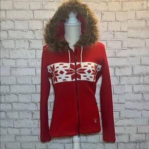 Spyder Women's Soirée Red Hooded Mid Weight Jacket with Faux Fur Trim